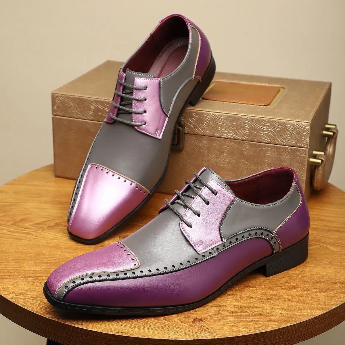 Men's artificial PU leather business shoes in black, green and purple colours with low-top design