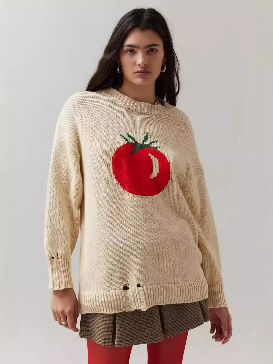 Women's milky white acrylic jacquard knit pullover sweater with a round neck and long sleeves.