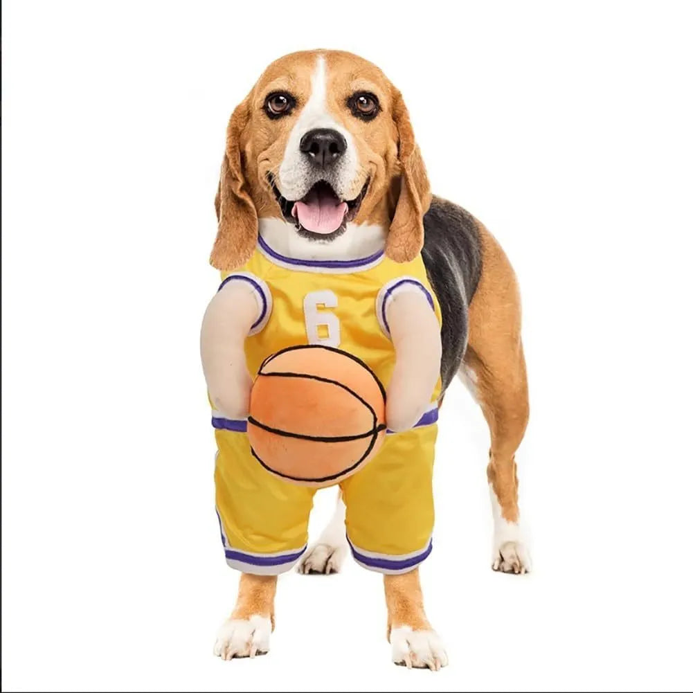 Red or yellow basketball jersey costume for a dog, shown with a matching basketball.
