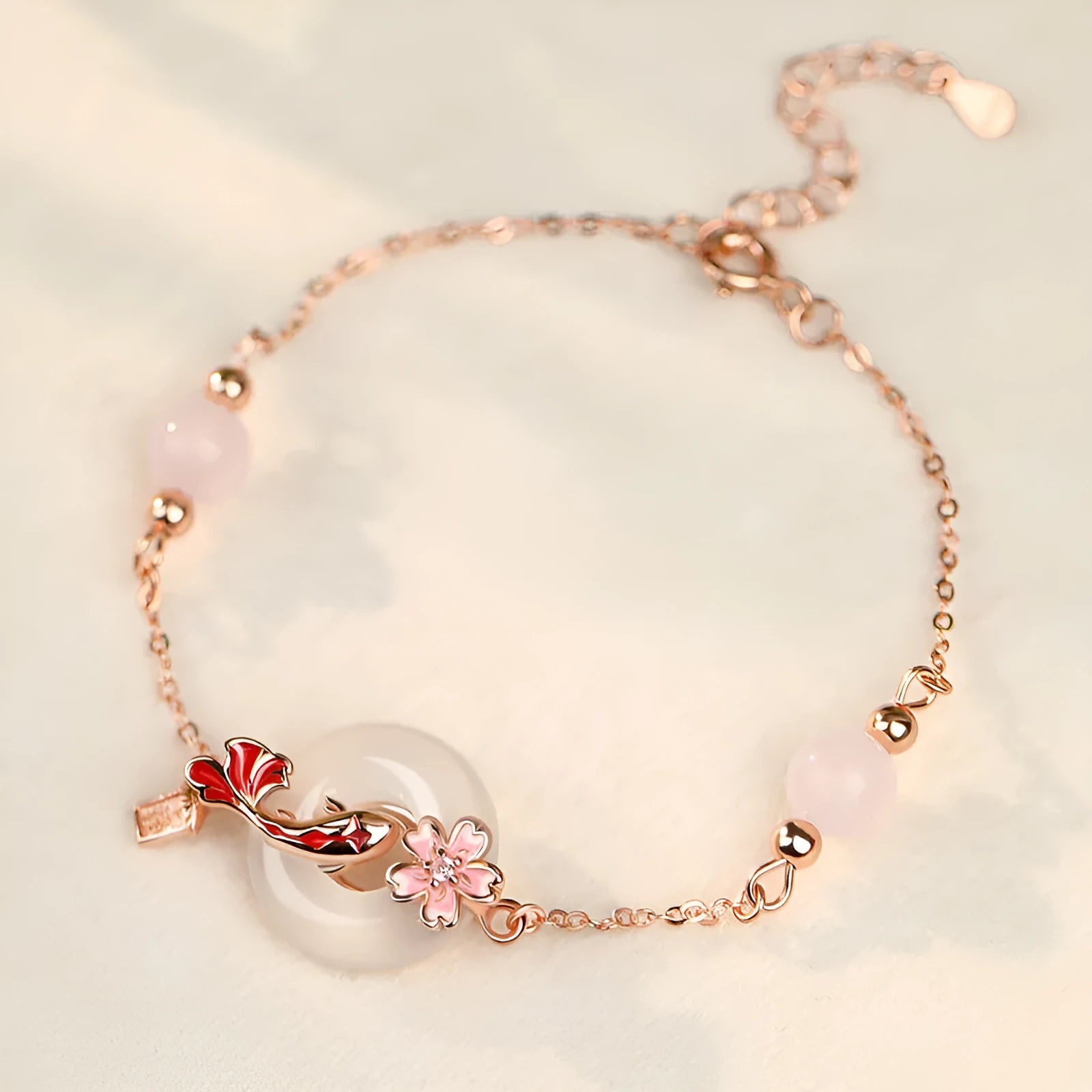 S925 sterling silver bracelet with Chinese flower design and white chalcedony crystals in Koi theme