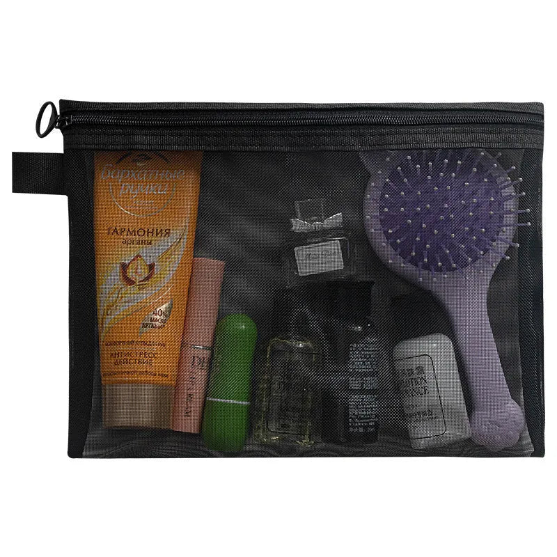 Transparent mesh nylon gauze cosmetics storage bag with zipper closure, available in multiple sizes