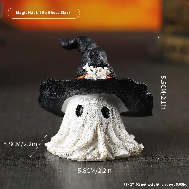 Purple and black resin wizard hat Halloween ghost ornament for holiday decorating.