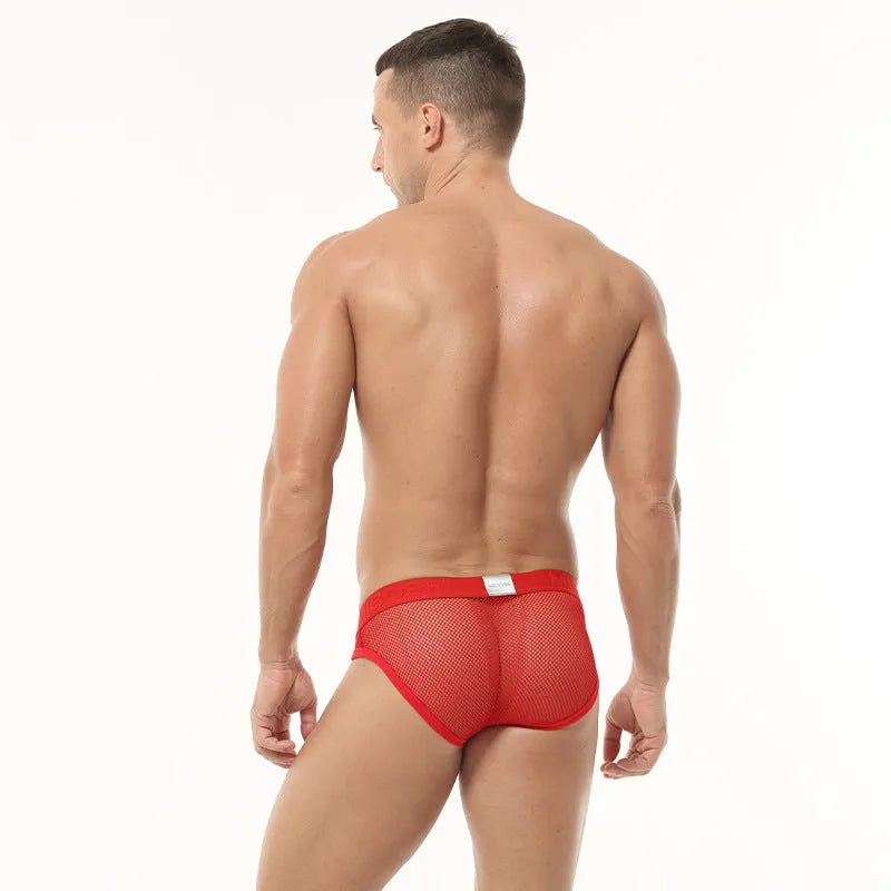 Men's low waist briefs in elastic mesh fabric shown in black, white, pink, blue, and red colours.