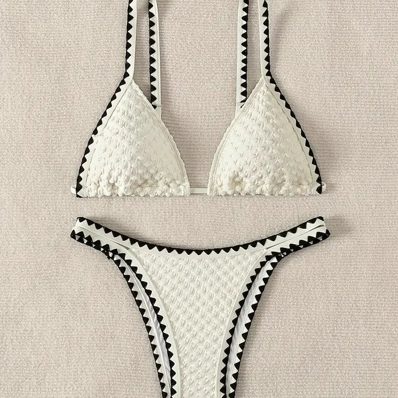 Women's sexy split bikini swimsuit in white or blue colour with brief style design
