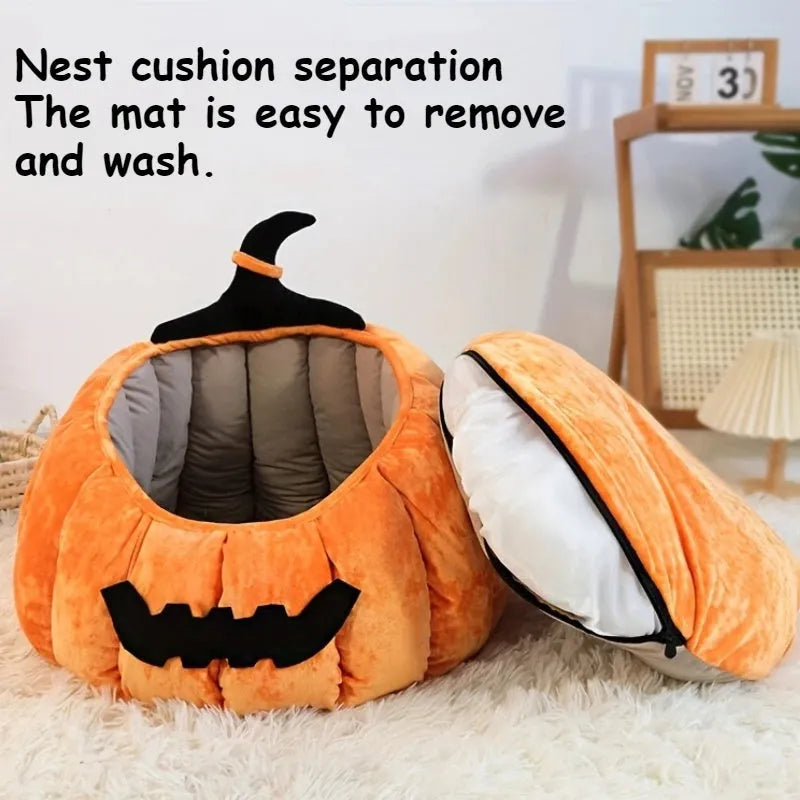 Halloween pumpkin-shaped cat bed with cartoon devil design in soft plush material
