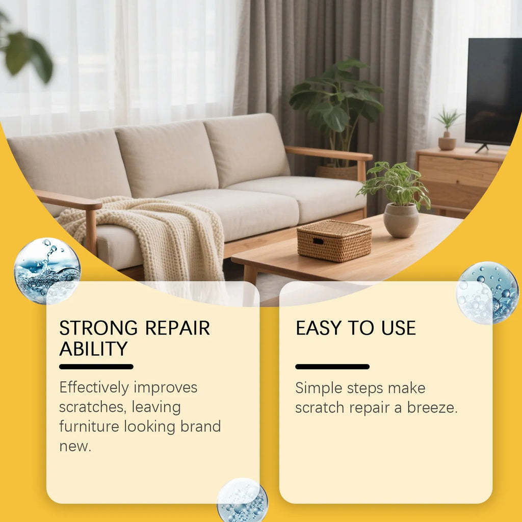 Wooden furniture scratch care solution kit showing 100ml bottle and 20x20cm microfiber cloth on packaging