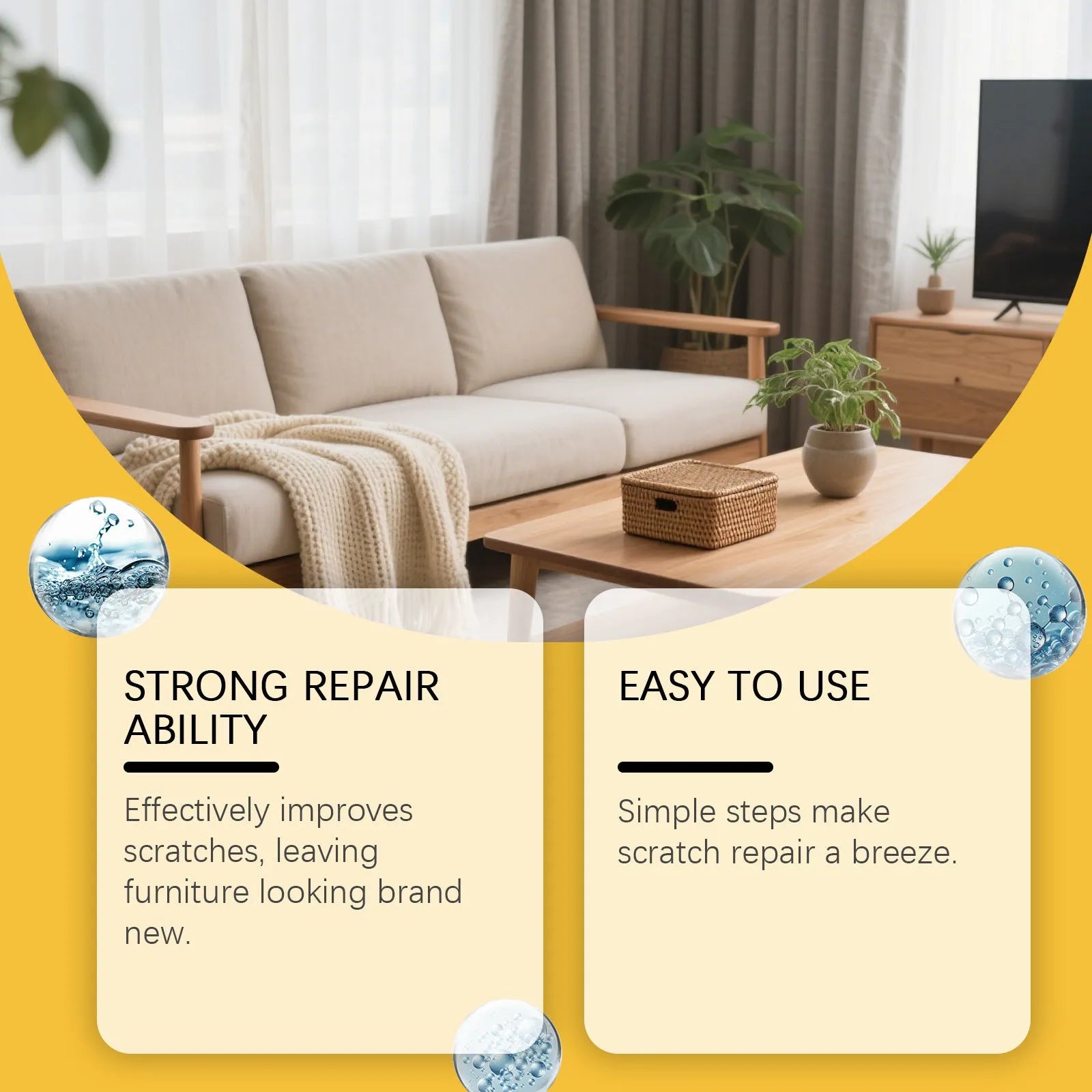 Wooden furniture scratch care solution kit showing 100ml bottle and 20x20cm microfiber cloth on packaging