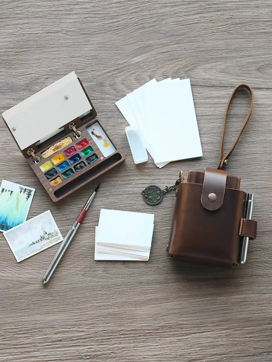 Mini walnut wood watercolour paint box for pigment suit storage