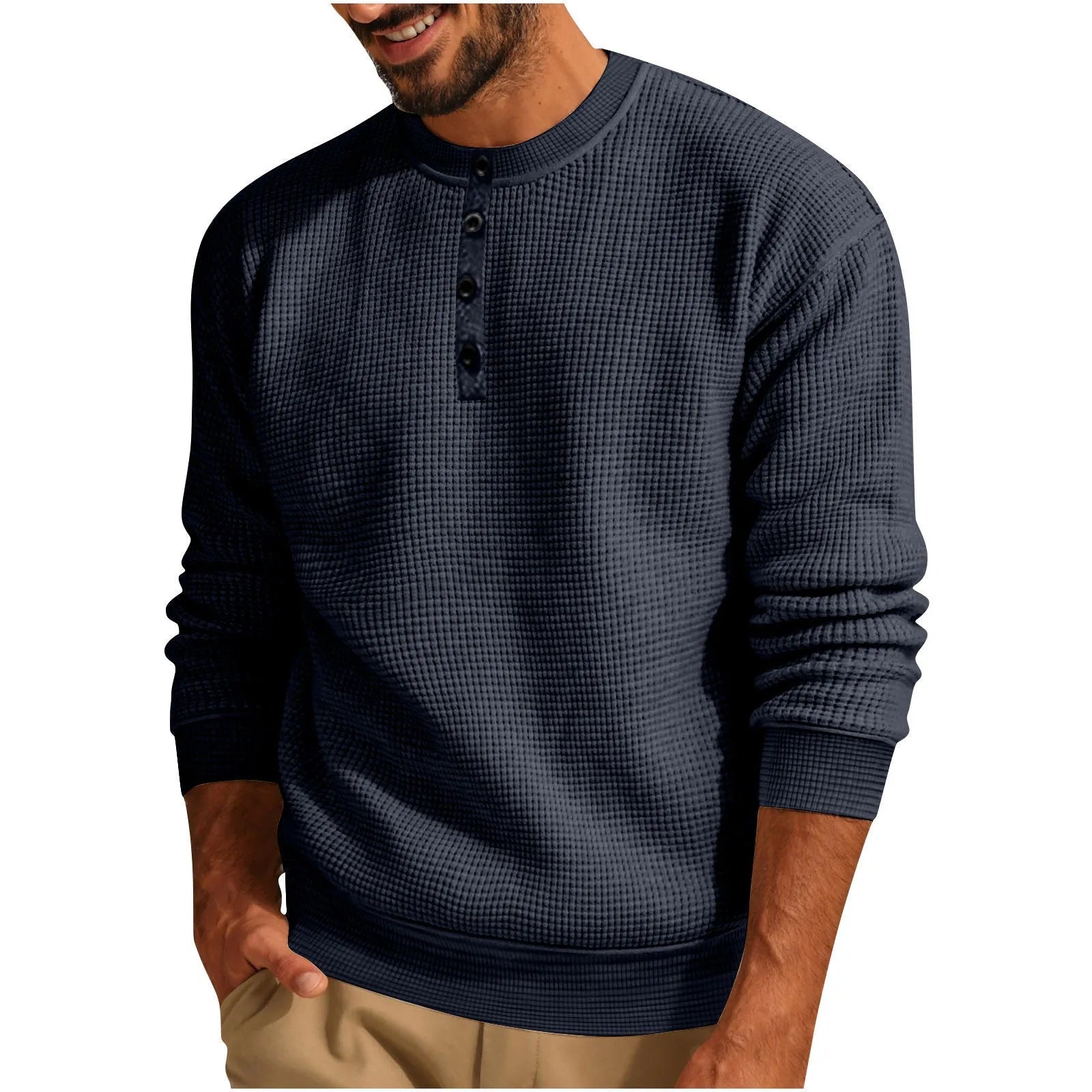 Solid colour long sleeve waffle Henley shirt for men in loose fit, shown in Black