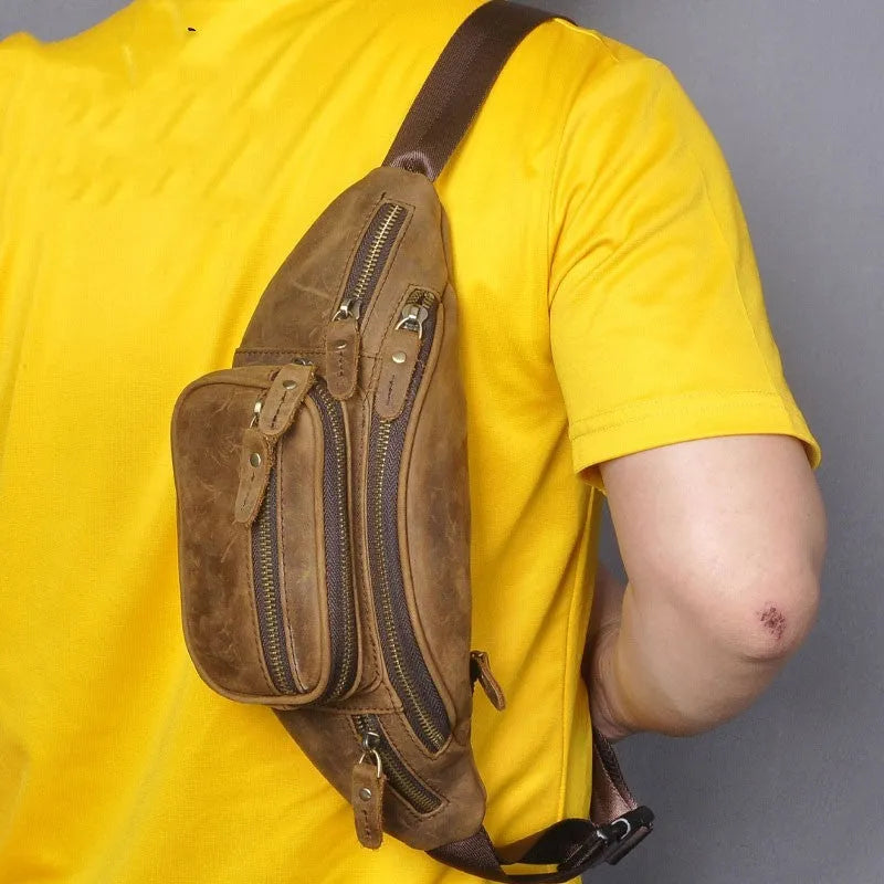 Dark crazy horse coloured cowhide leather retro messenger bag with single shoulder strap.