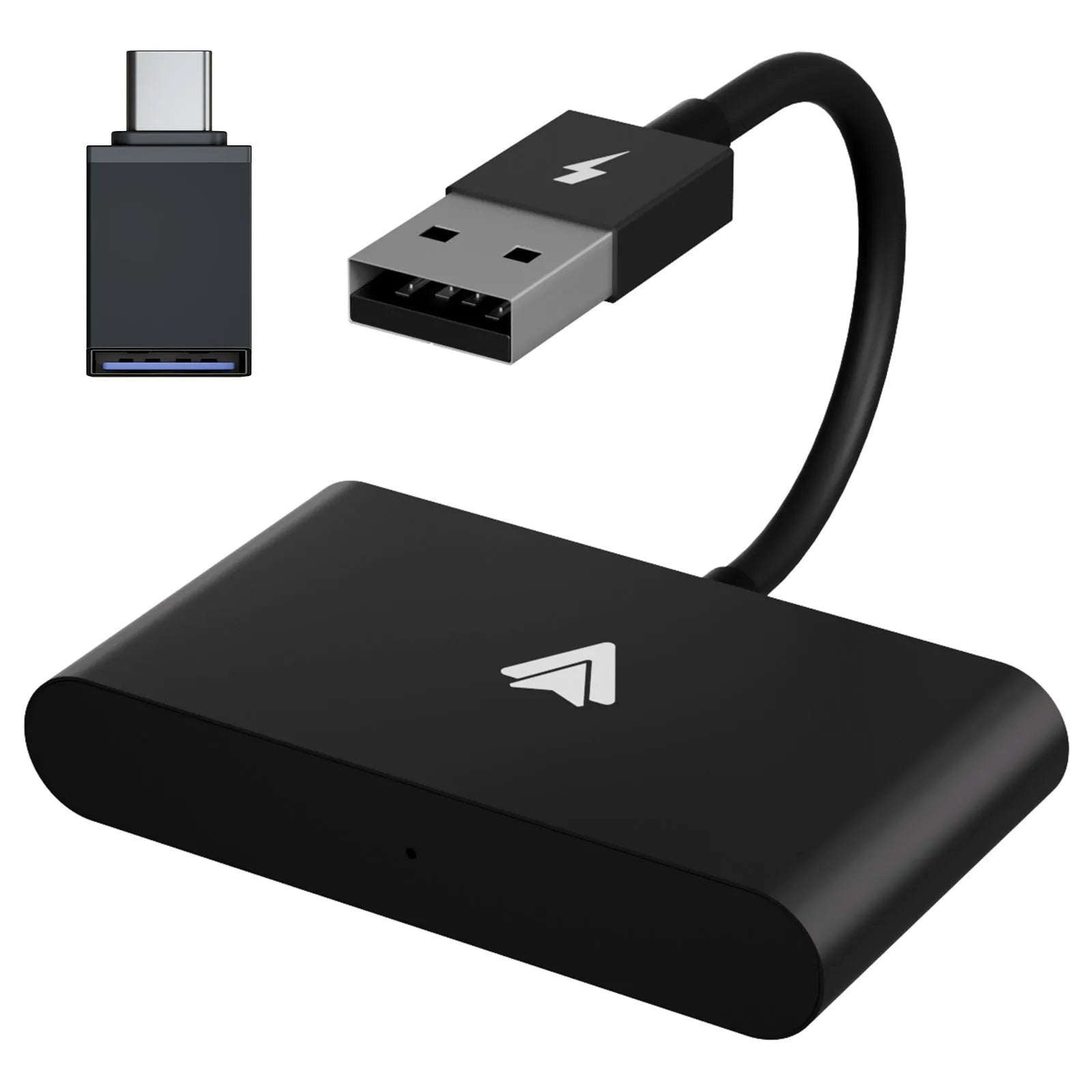 Black and white wireless Carplay adaptor for Android phones next to a car steering wheel