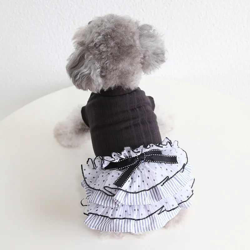 Polka dot lace cake dress pet clothing in Taro purple, shown in Princess style for dogs or cats.