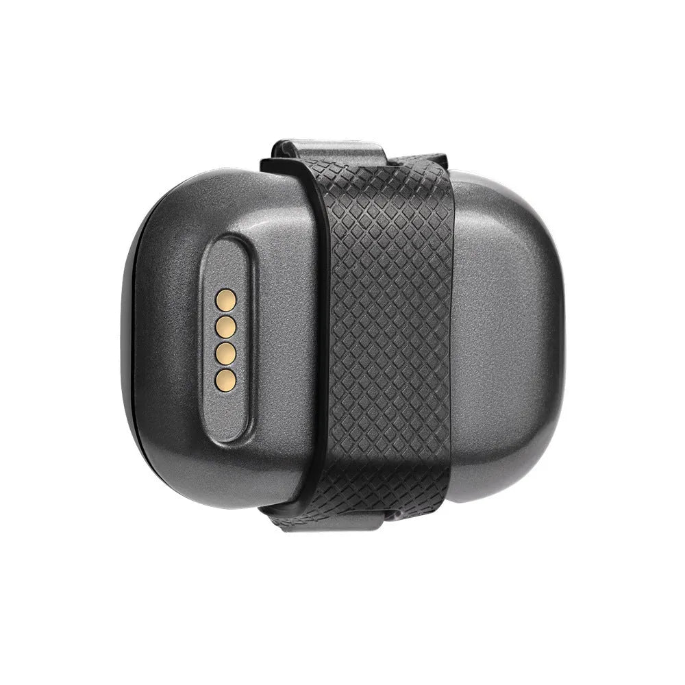 Black GF-07 pet GPS locator with hanging rope attached, shown next to a data cable on a white background