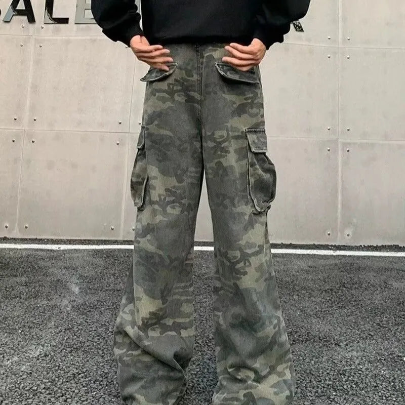 Korean style mid waist camouflage cargo trousers with multiple pockets on a mannequin.