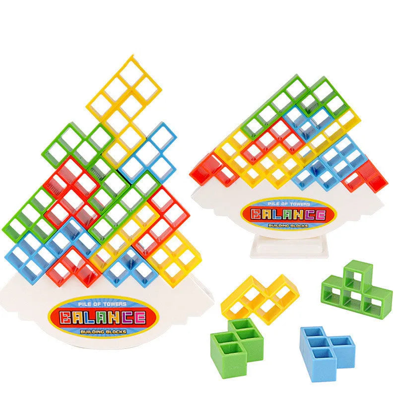 Plastic balance stacking board game with coloured blocks, chassis, and base for kids and adults.