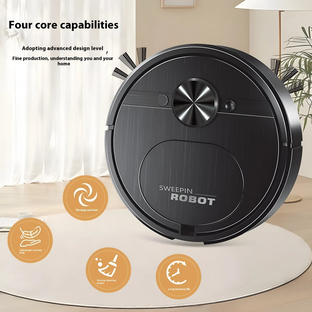 Three-in-one automatic robot floor cleaner with USB charging cable and cleaning accessories on hardwood floor.
