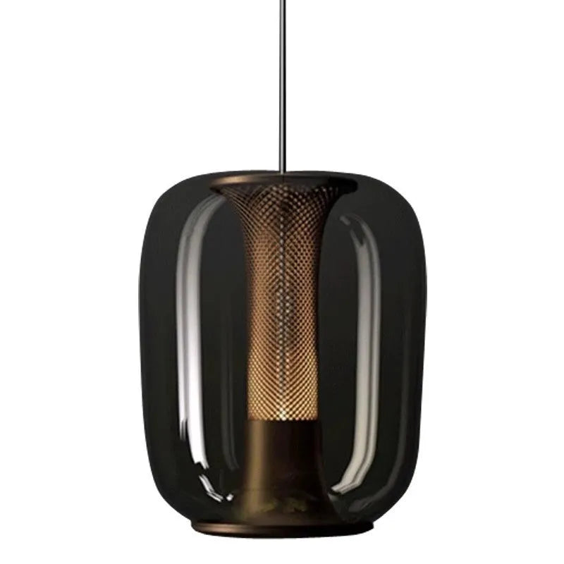 Minimalist Nordic chandelier in clear, cognac, or smoky grey colour, 16 cm wide by 20 cm high.