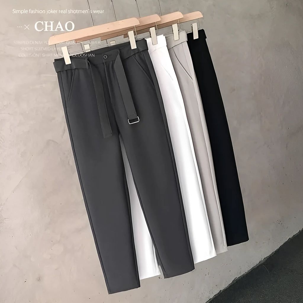 Boys slim straight wool trousers in tapered cut for business casual and street fashion.
