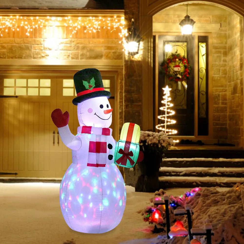 Outdoor Christmas inflatable decoration with LED lights showing Santa, snowman, and tree designs