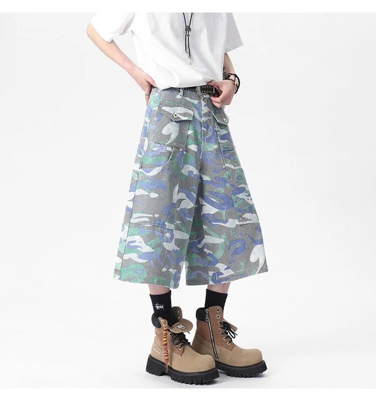 Denim camouflage cropped work trousers with straight leg cut and zipper fly