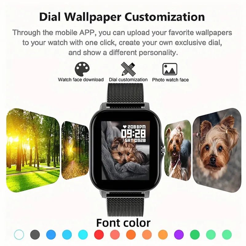 Black smartwatch with 1.44-inch screen and silicone strap on a wrist, showing a fitness tracking interface.