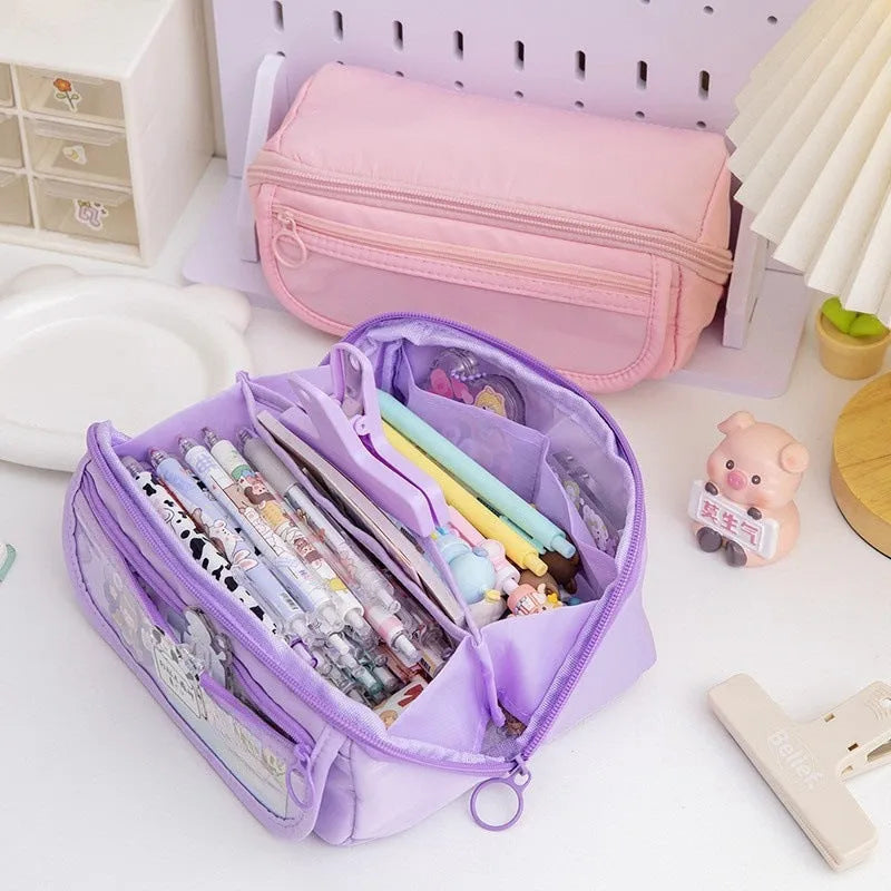 Korean style canvas pencil box with ten-layer flip design open showing multiple compartments for pens and pencils