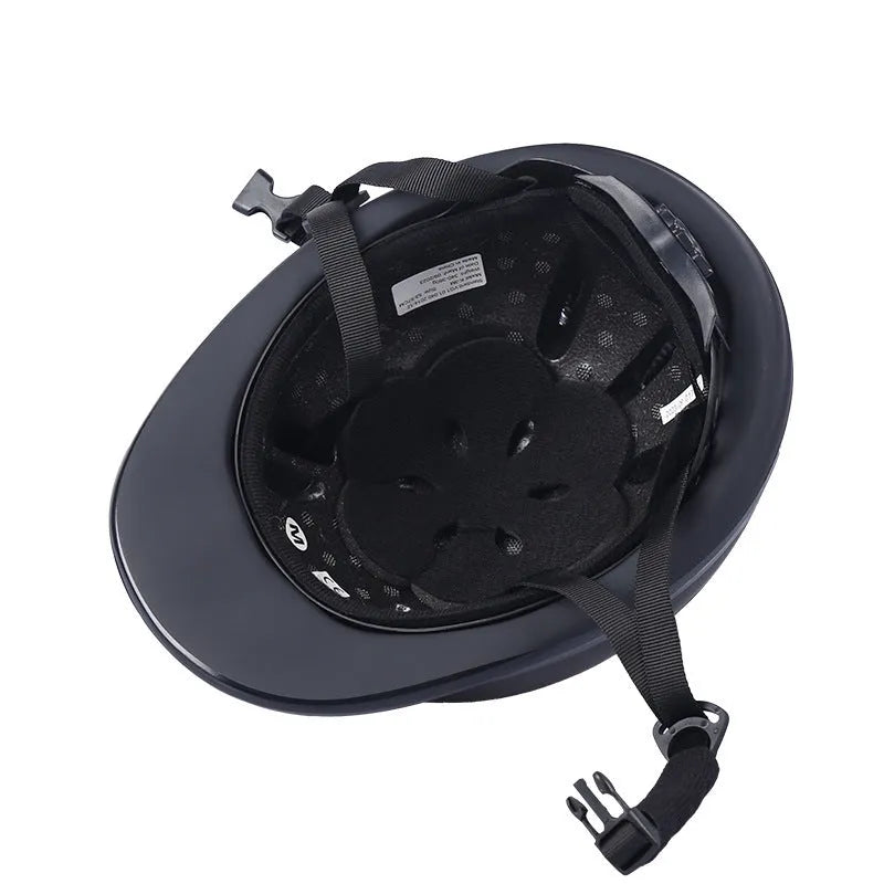 Black adjustable equestrian helmet for head protection in riding and cycling