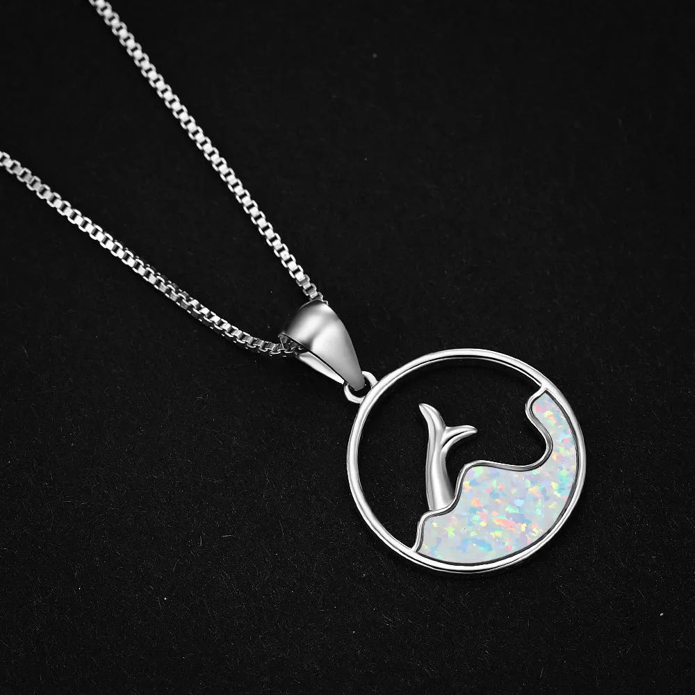 White gold electroplated copper sea fishtail necklace with geometric round pendant design
