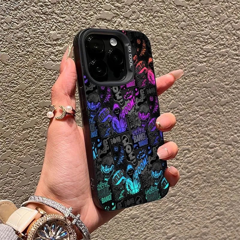 Cool graffiti PC phone case for Apple iPhone, black with silver accents, shockproof hard shell