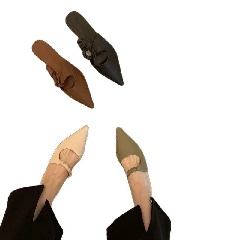 Women's semi-toe box slippers with leather lining and rubber sole in four colour options.