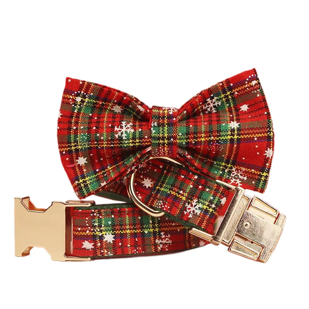 Green snowflake pattern Christmas pet collar, leash, bow, and vest four-piece set in cloth material