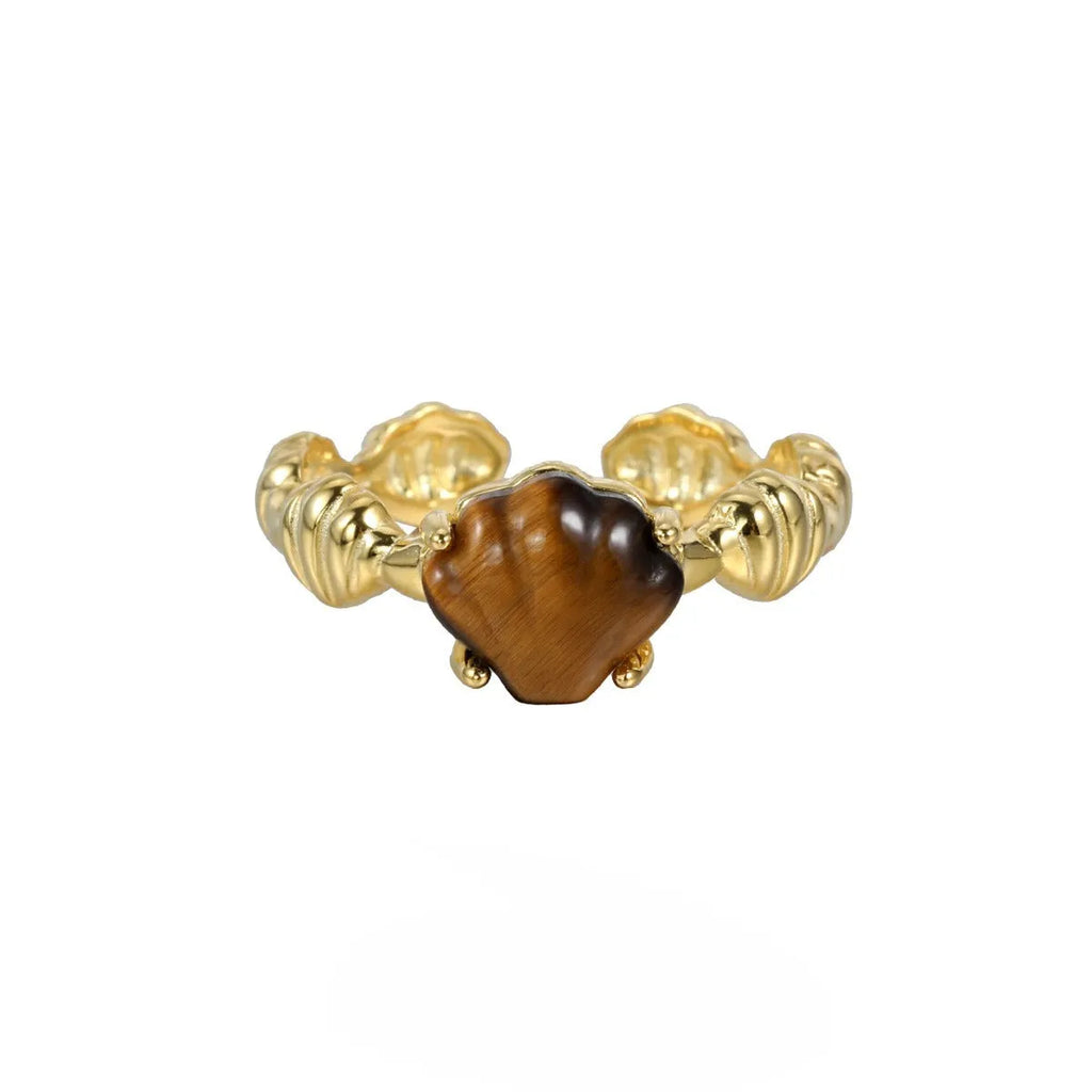 Women's adjustable silver ring with a shell tiger eye stone and white gold electroplating.