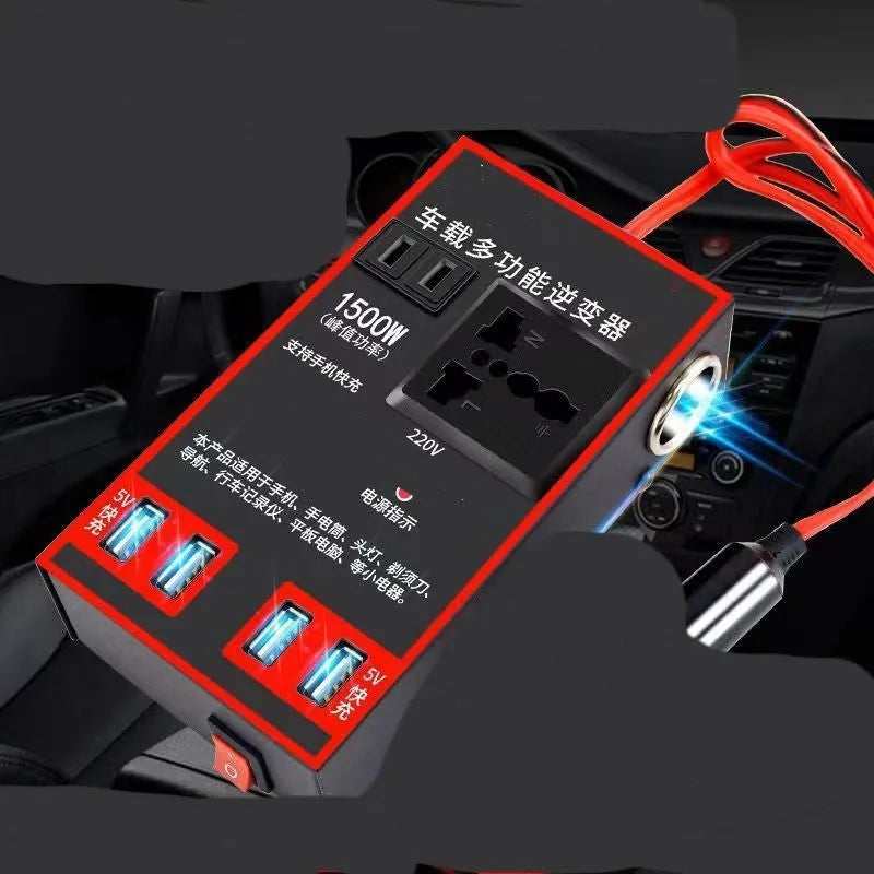 Black automotive power converter for 12V/24V to 220V transformation with USB charging ports