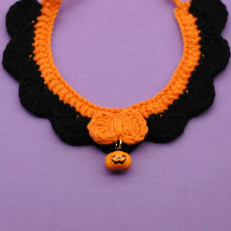 Hand-crocheted wool Halloween pet collar with pumpkin design in adjustable sizes for cats and dogs