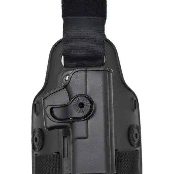 Tactical leg holster with waist plate attachment and quick-pull access for outdoor sports gear carrying