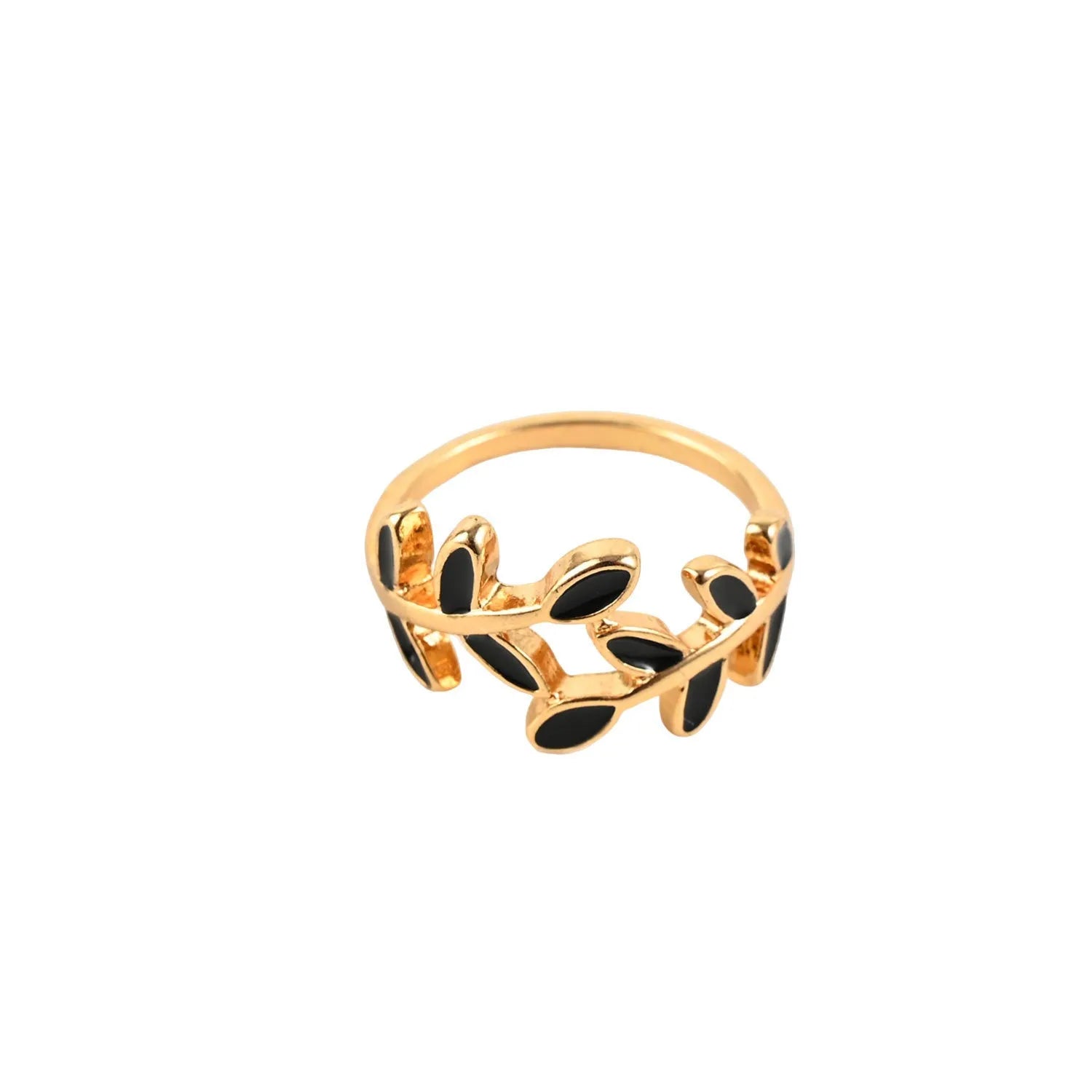 Gold geometric leaf design acrylic ring for women on a white background.