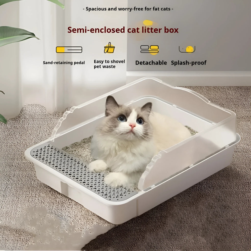 Extra large semi-closed cat litter box in milk cream white with shovel and deodorant bag, 43cm size