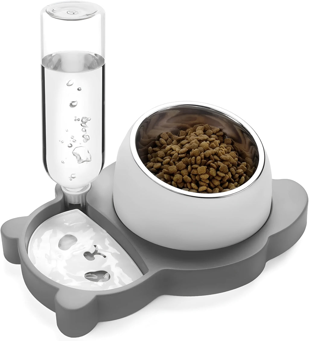 Grey and green panda-shaped elevated pet bowl set with tilted stainless steel bowls and a large automatic water bottle.