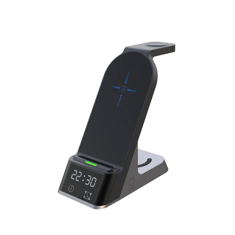 Black multifunctional alarm clock with wireless charging pad, Apple Watch spot, and digital display
