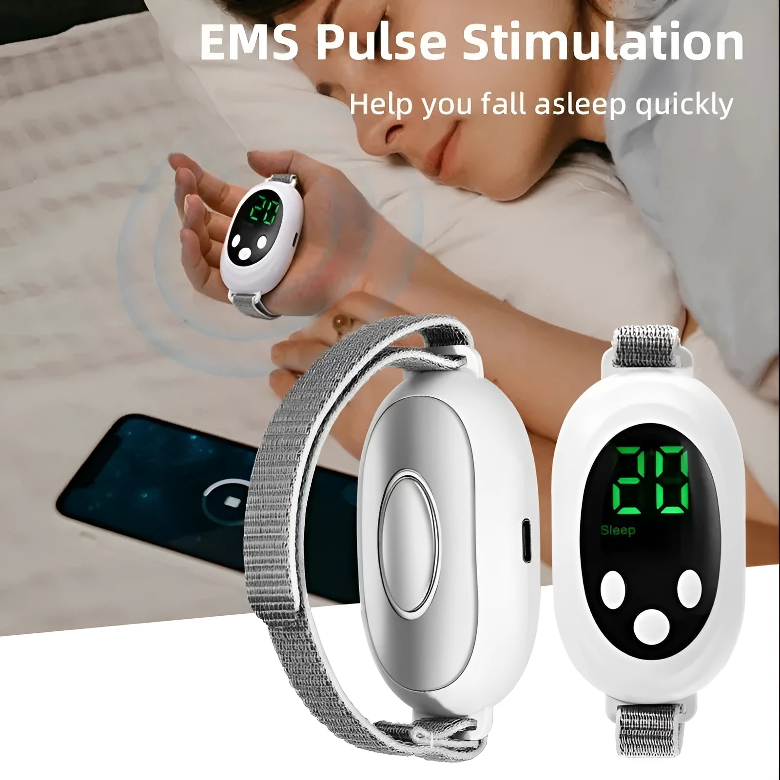 White sleep aid device with handheld remote control showing 20 intensity levels and USB charging cable