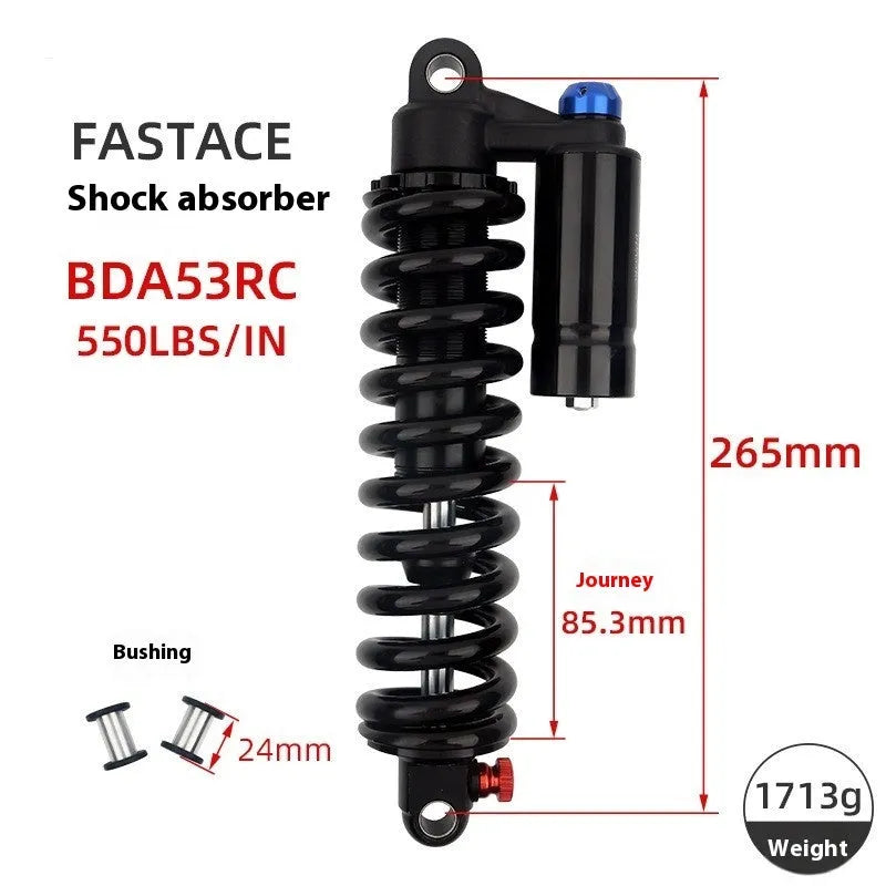 Red aluminium spring shock absorber for mountain bike with adjustable settings and 550lb rating