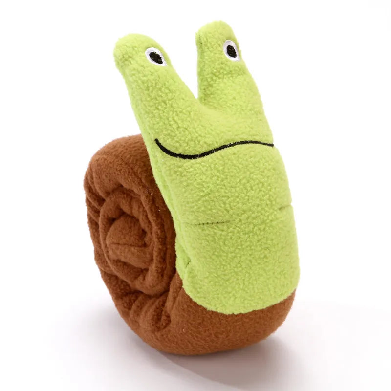 Squeaky dog toy in frog, snail or snake design with hidden food holes for foraging training