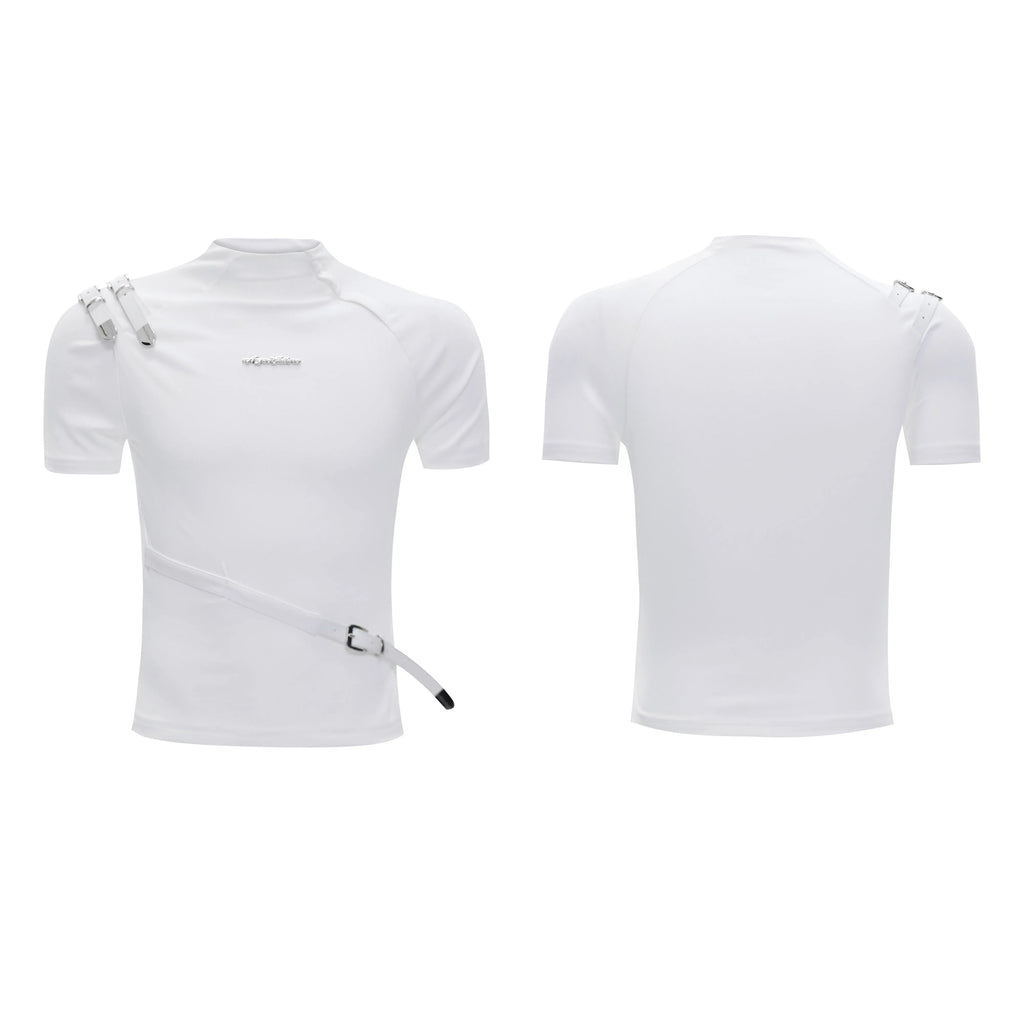 Cotton men's slim fit T-shirt with metal belt design on stand-up collar in white and black colours
