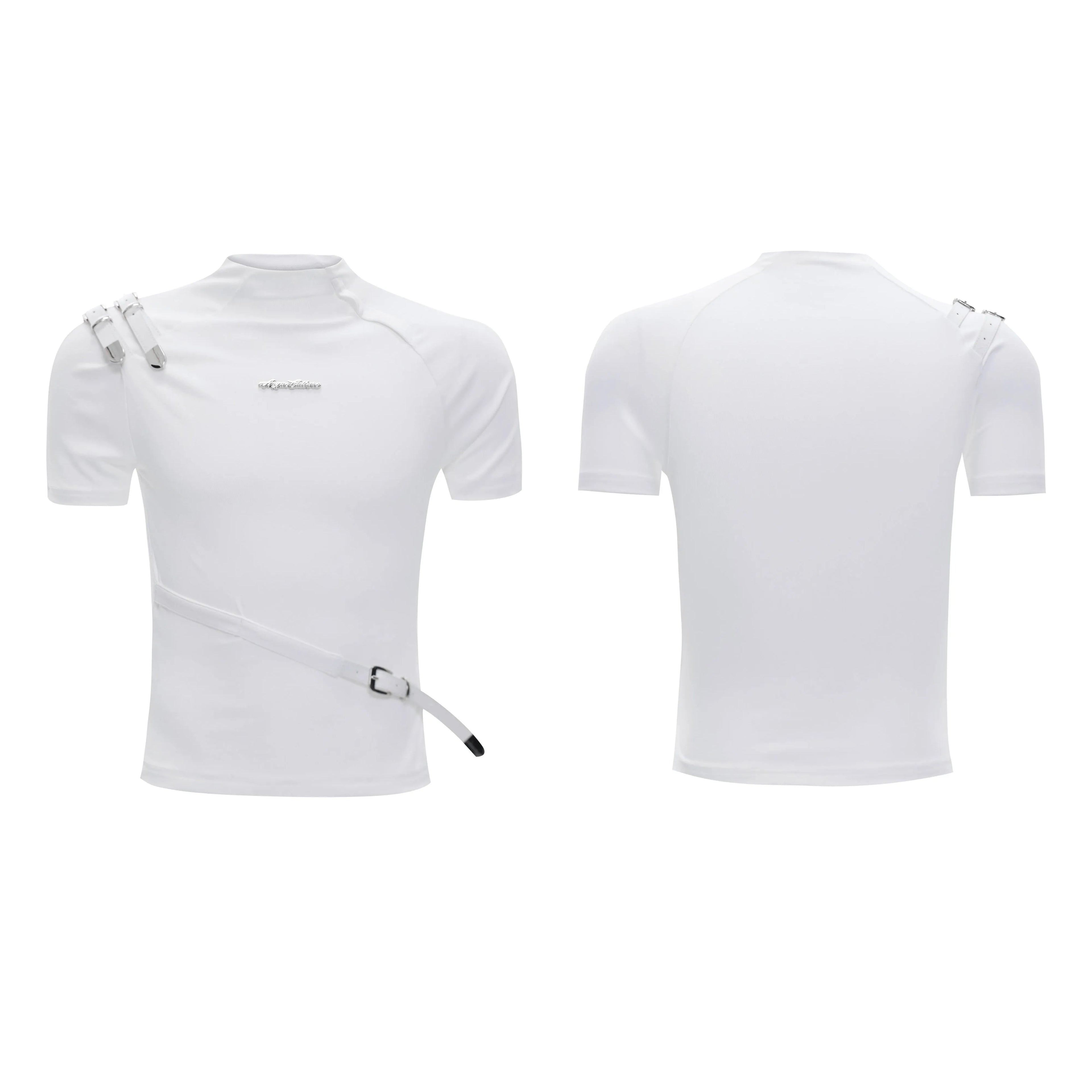Cotton men's slim fit T-shirt with metal belt design on stand-up collar in white and black colours