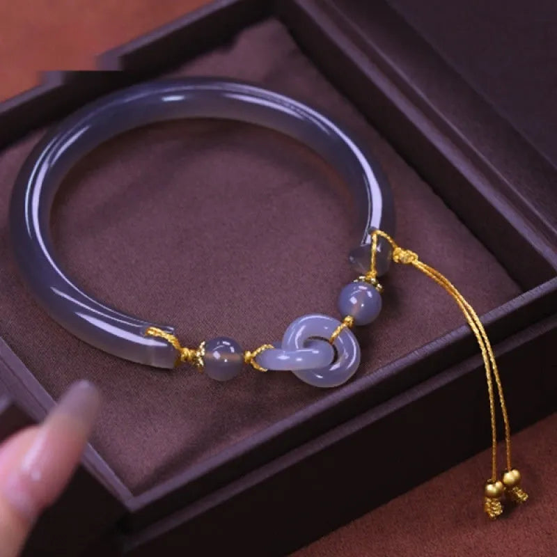 Women's smoke purple agate half bracelet with ring buckle in grey retro style