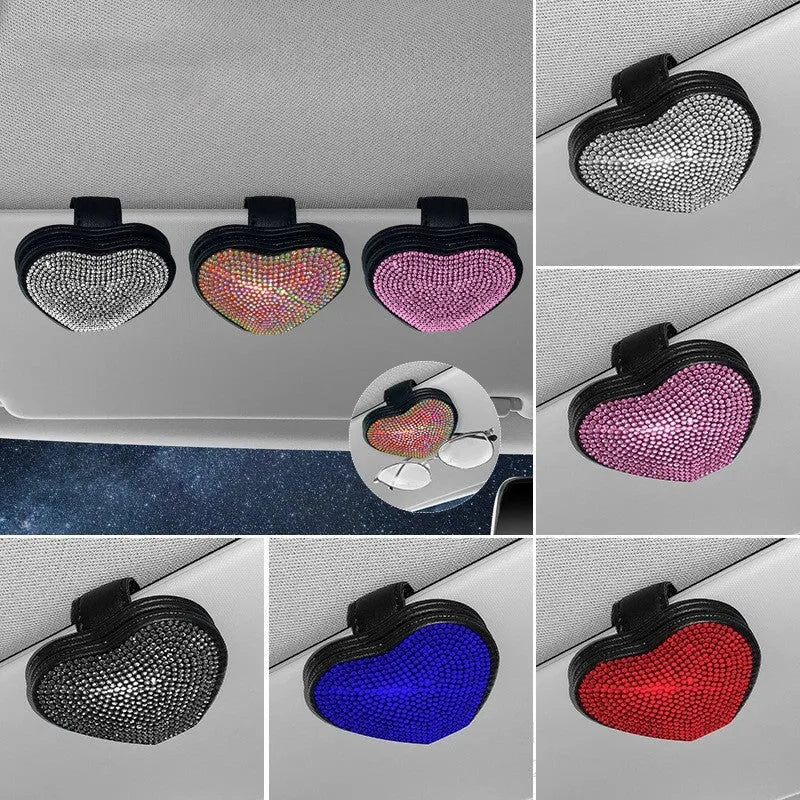Diamond-encrusted PU leather car sun visor clip with magnetic closure for glasses and ticket storage