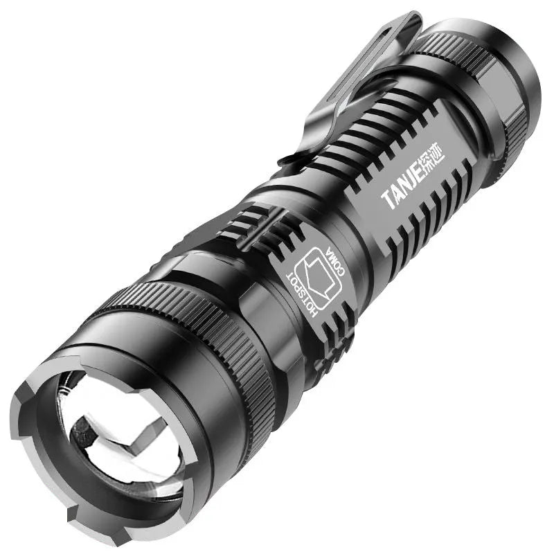 Black mini aluminium telescopic LED flashlight with clip shown extended and collapsed.