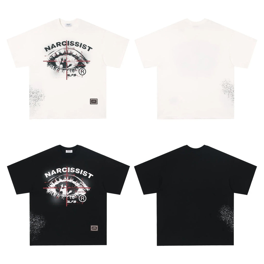 Black and white retro hip hop gothic letter print cotton T-shirt with short sleeves