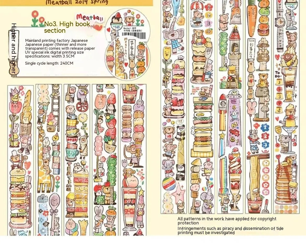 Sheet of cute cartoon character stickers for haemorrhoid tape packaging on Japanese paper.