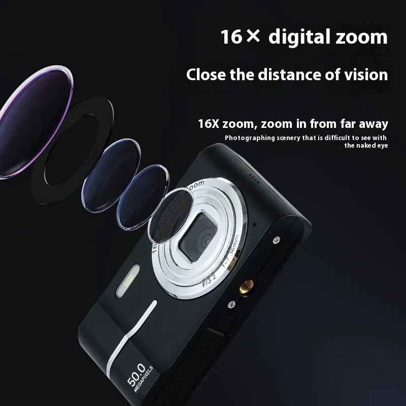Compact HD 4K digital camera in black, green, pink, or white colours with full manual controls